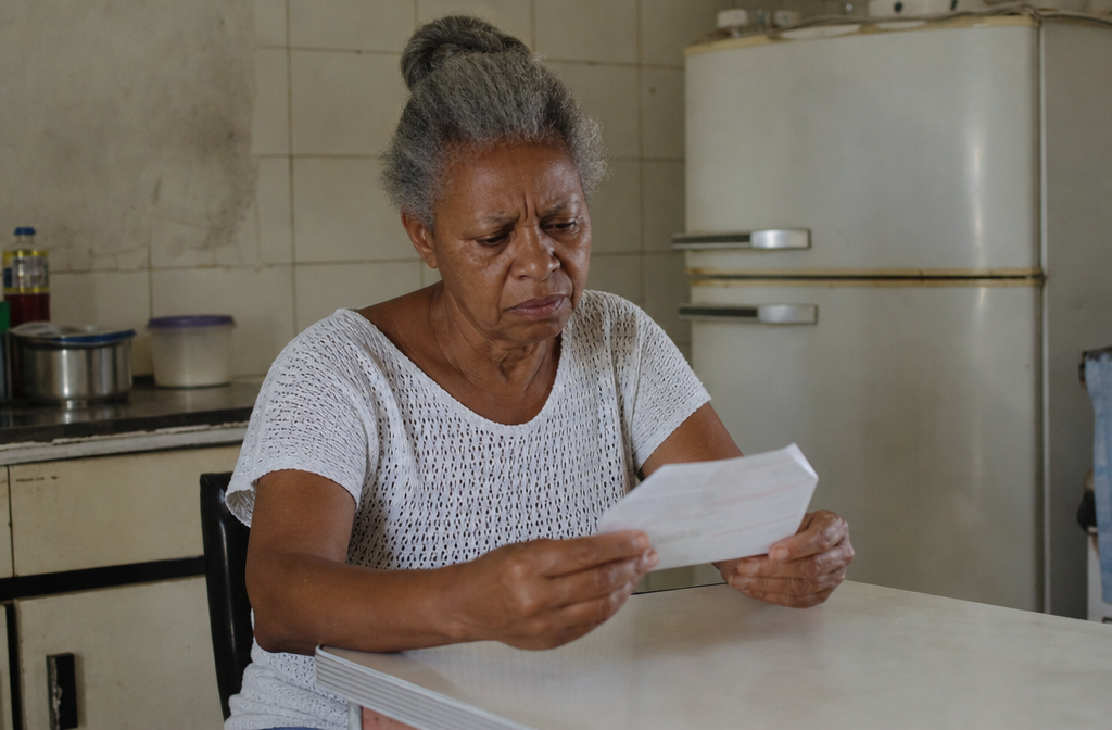 Aposentada conferindo contracheque com desconto indevido do INSS