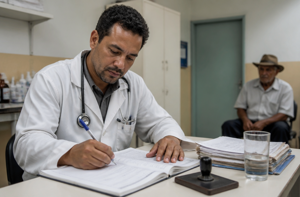 Médico preenchendo laudo médico para o INSS em consultório simples
