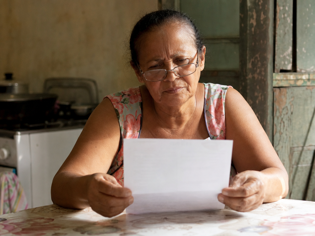 Aposentada lendo a carta de negativa antes de entrar com recurso administrativo no INSS