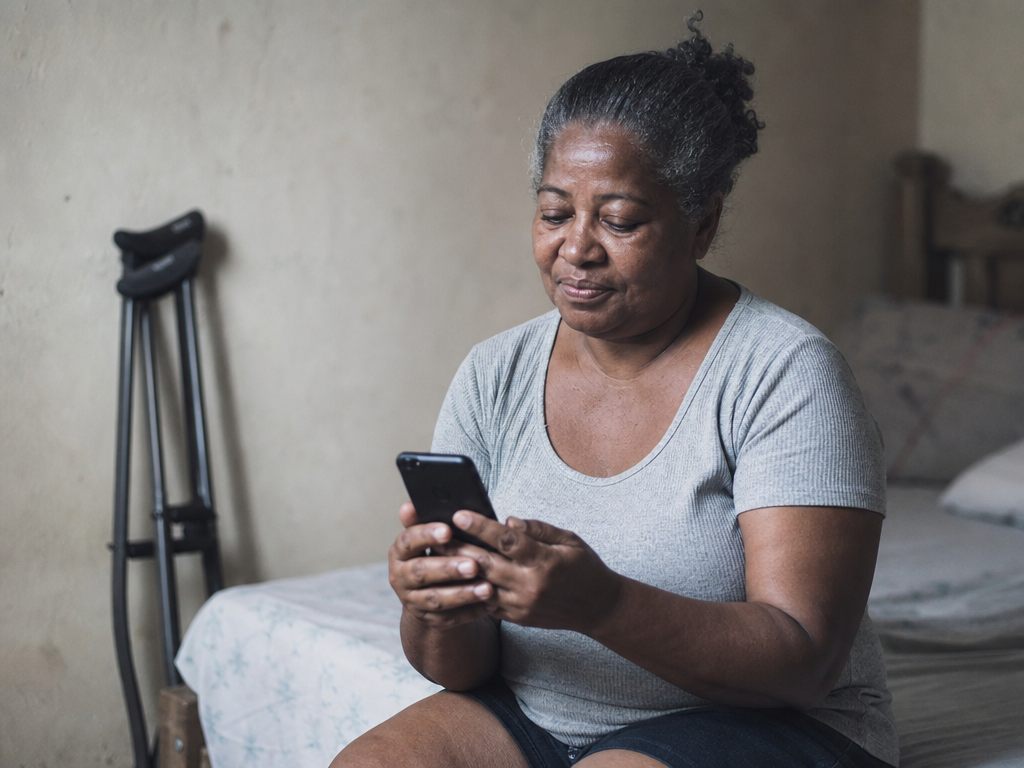 Segurada usando o celular para entender como funciona a perícia online do INSS