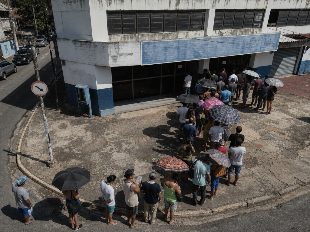 Fila de segurados convocados para o pente-fino do INSS 2026 na porta da agência